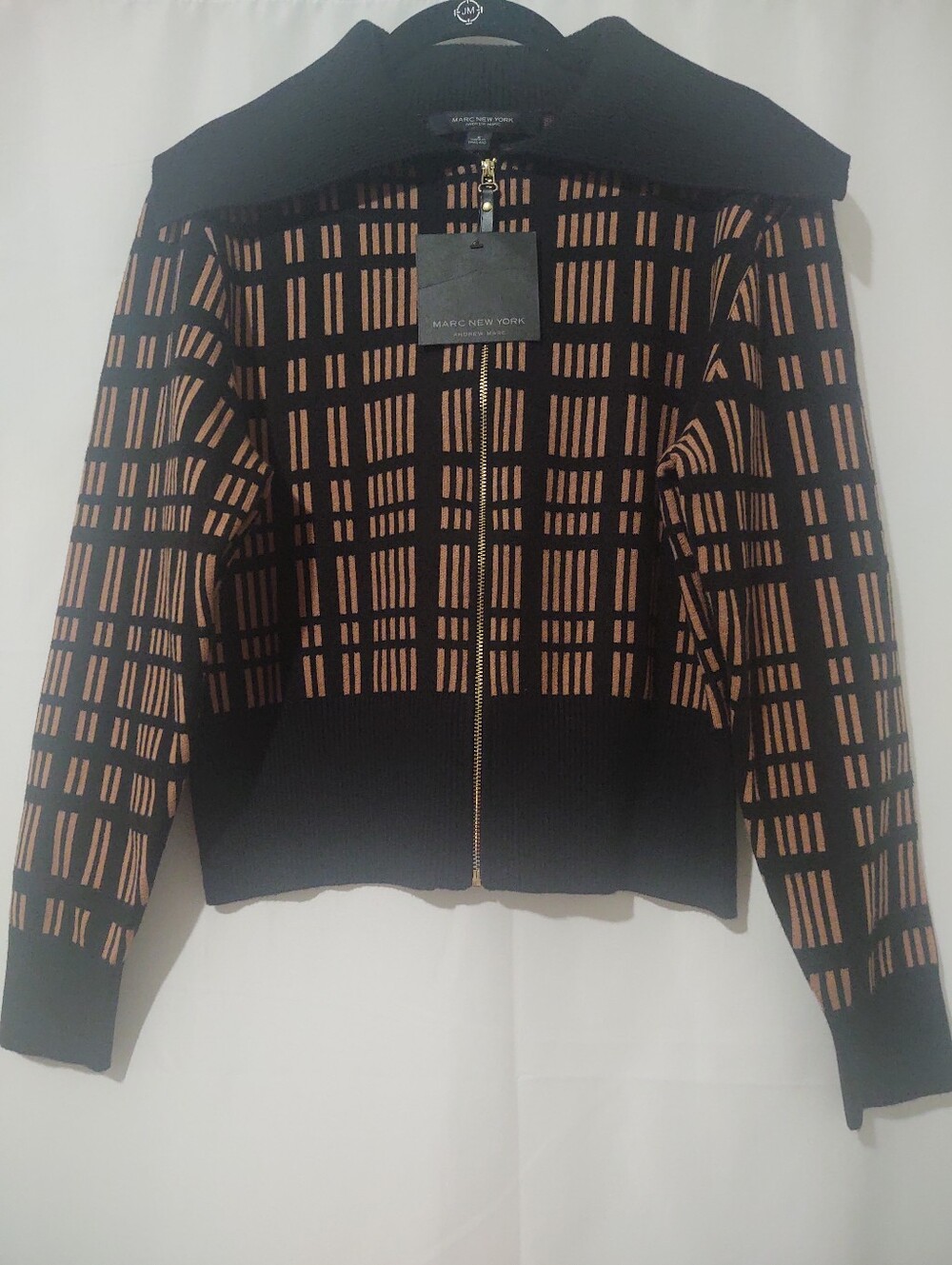 Marc New York Black and Brown Grid Zip-Up Sweater Size SM